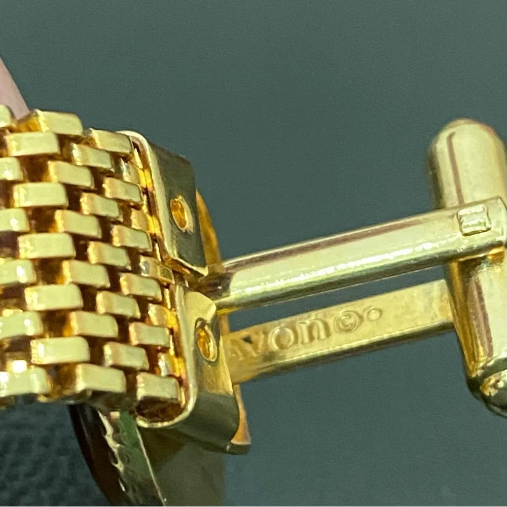 Vintage AVON Yellow/Brown Cabochon Gold-tone Mesh Cuff Links